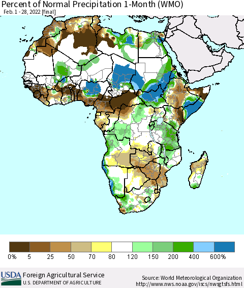 Africa Percent of Normal Precipitation 1-Month (WMO) Thematic Map For 2/1/2022 - 2/28/2022