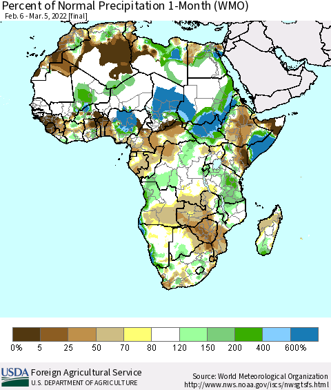 Africa Percent of Normal Precipitation 1-Month (WMO) Thematic Map For 2/6/2022 - 3/5/2022