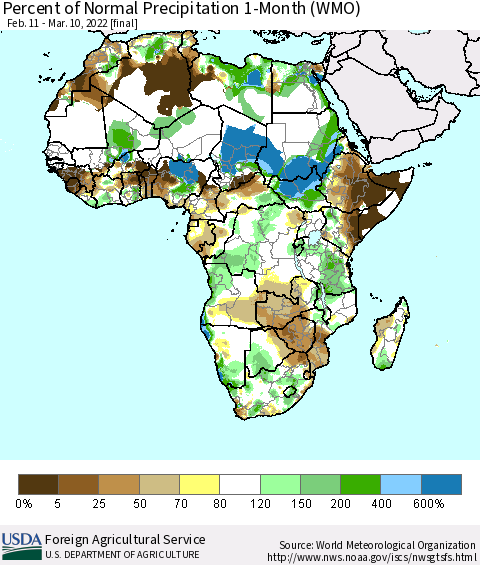 Africa Percent of Normal Precipitation 1-Month (WMO) Thematic Map For 2/11/2022 - 3/10/2022
