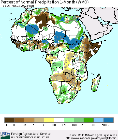 Africa Percent of Normal Precipitation 1-Month (WMO) Thematic Map For 2/16/2022 - 3/15/2022