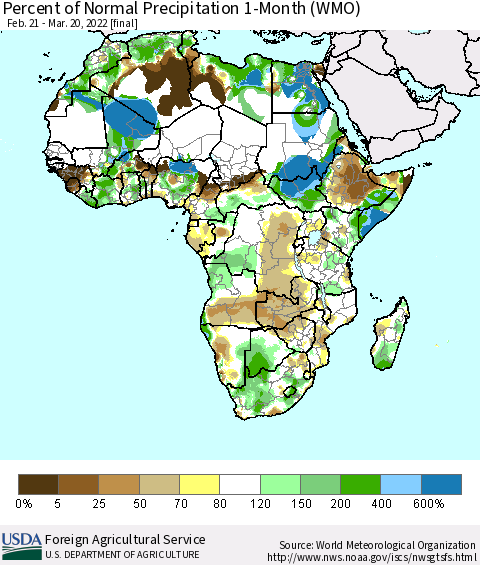 Africa Percent of Normal Precipitation 1-Month (WMO) Thematic Map For 2/21/2022 - 3/20/2022