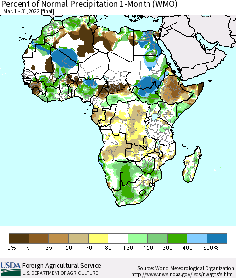 Africa Percent of Normal Precipitation 1-Month (WMO) Thematic Map For 3/1/2022 - 3/31/2022