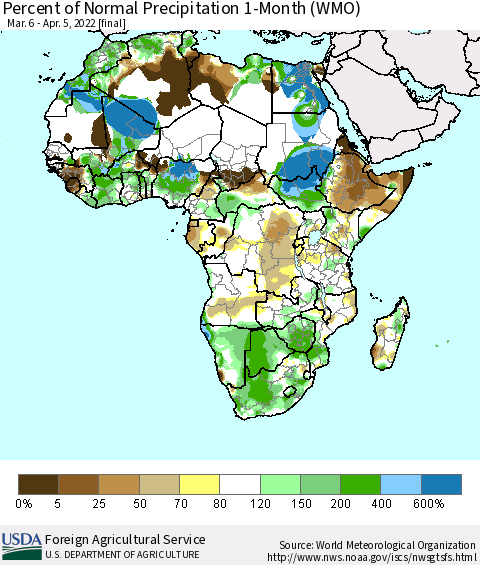 Africa Percent of Normal Precipitation 1-Month (WMO) Thematic Map For 3/6/2022 - 4/5/2022