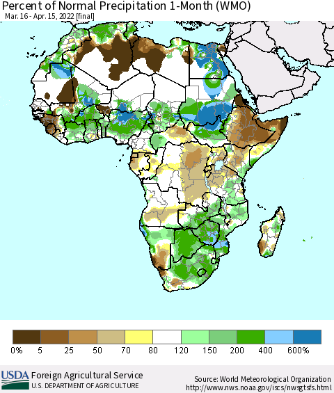 Africa Percent of Normal Precipitation 1-Month (WMO) Thematic Map For 3/16/2022 - 4/15/2022
