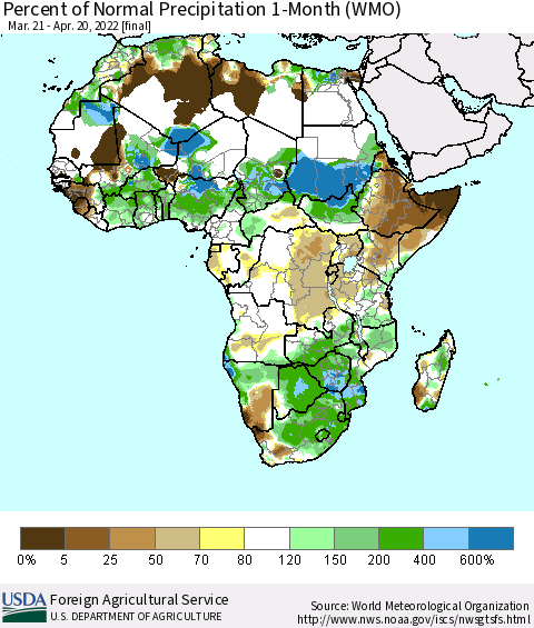 Africa Percent of Normal Precipitation 1-Month (WMO) Thematic Map For 3/21/2022 - 4/20/2022
