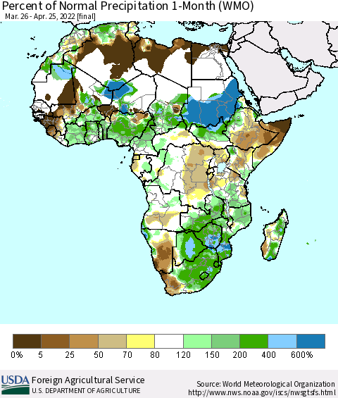Africa Percent of Normal Precipitation 1-Month (WMO) Thematic Map For 3/26/2022 - 4/25/2022