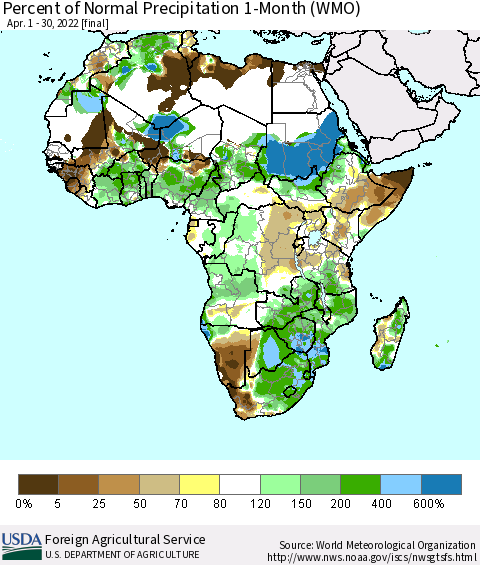 Africa Percent of Normal Precipitation 1-Month (WMO) Thematic Map For 4/1/2022 - 4/30/2022