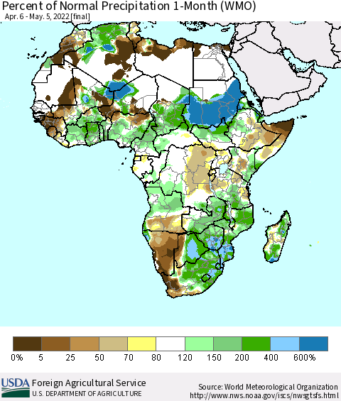 Africa Percent of Normal Precipitation 1-Month (WMO) Thematic Map For 4/6/2022 - 5/5/2022