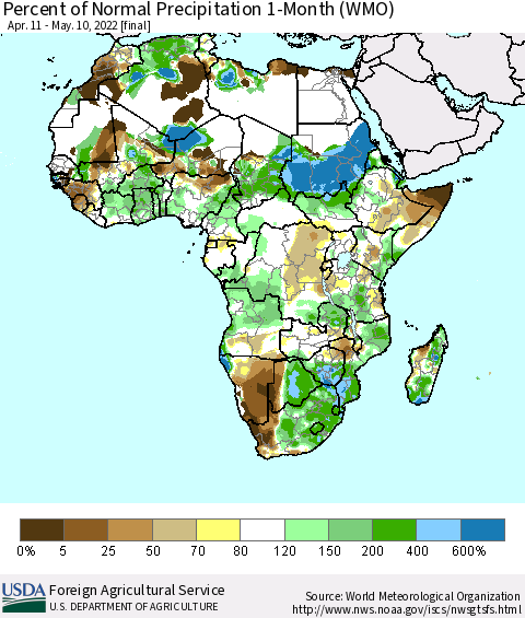 Africa Percent of Normal Precipitation 1-Month (WMO) Thematic Map For 4/11/2022 - 5/10/2022