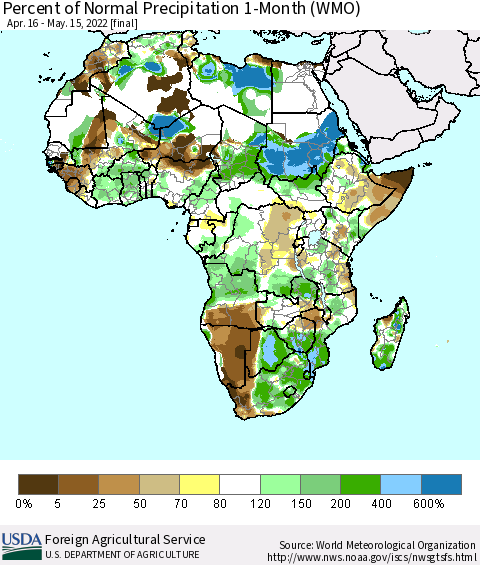 Africa Percent of Normal Precipitation 1-Month (WMO) Thematic Map For 4/16/2022 - 5/15/2022