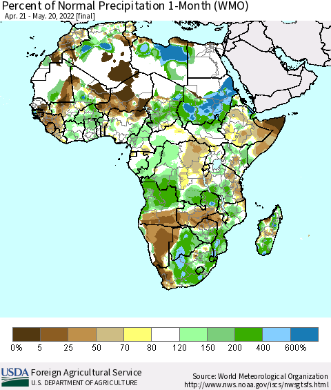 Africa Percent of Normal Precipitation 1-Month (WMO) Thematic Map For 4/21/2022 - 5/20/2022