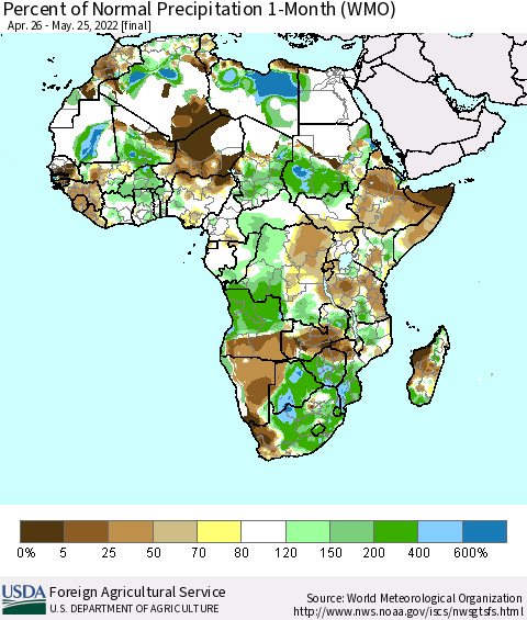 Africa Percent of Normal Precipitation 1-Month (WMO) Thematic Map For 4/26/2022 - 5/25/2022