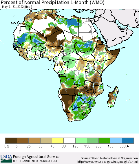 Africa Percent of Normal Precipitation 1-Month (WMO) Thematic Map For 5/1/2022 - 5/31/2022