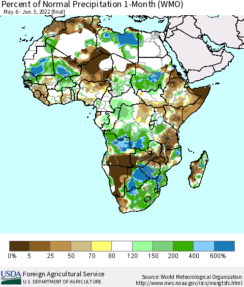 Africa Percent of Normal Precipitation 1-Month (WMO) Thematic Map For 5/6/2022 - 6/5/2022