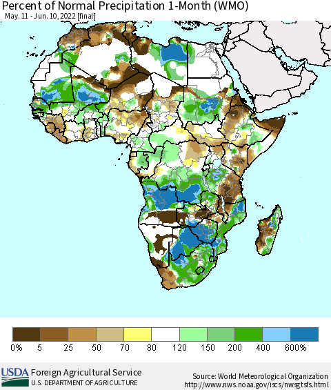 Africa Percent of Normal Precipitation 1-Month (WMO) Thematic Map For 5/11/2022 - 6/10/2022
