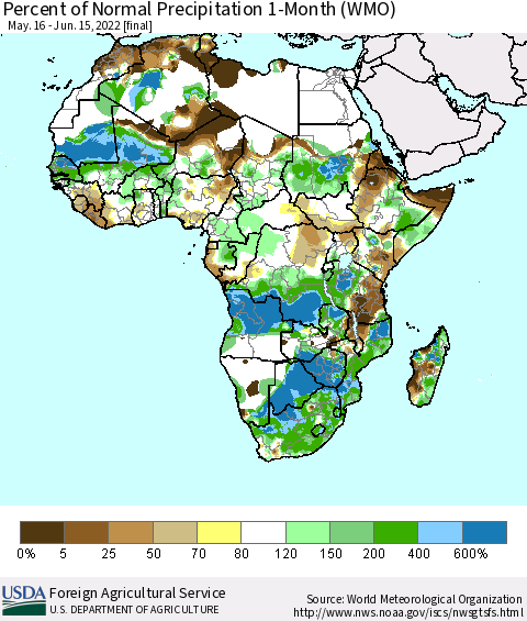 Africa Percent of Normal Precipitation 1-Month (WMO) Thematic Map For 5/16/2022 - 6/15/2022