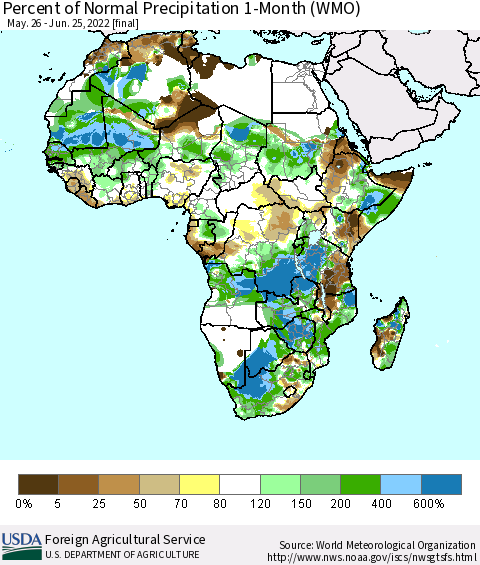 Africa Percent of Normal Precipitation 1-Month (WMO) Thematic Map For 5/26/2022 - 6/25/2022