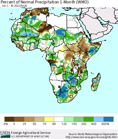 Africa Percent of Normal Precipitation 1-Month (WMO) Thematic Map For 6/1/2022 - 6/30/2022