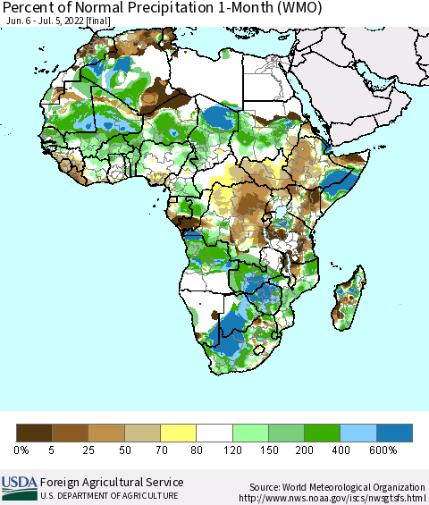 Africa Percent of Normal Precipitation 1-Month (WMO) Thematic Map For 6/6/2022 - 7/5/2022