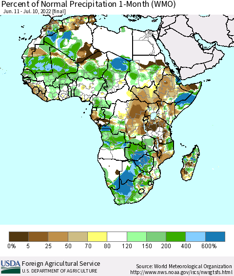 Africa Percent of Normal Precipitation 1-Month (WMO) Thematic Map For 6/11/2022 - 7/10/2022