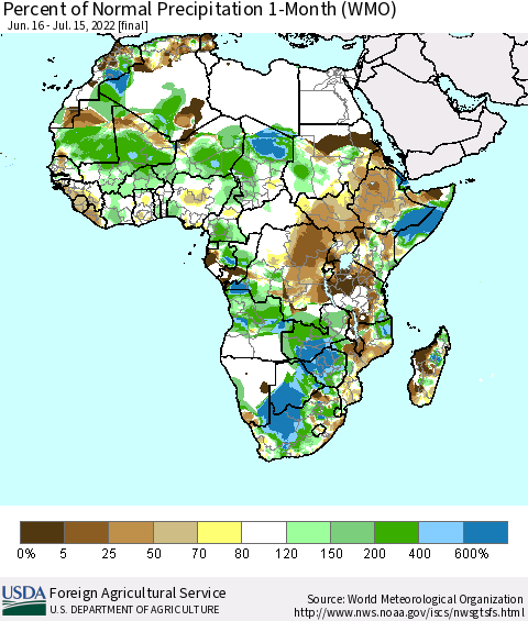 Africa Percent of Normal Precipitation 1-Month (WMO) Thematic Map For 6/16/2022 - 7/15/2022