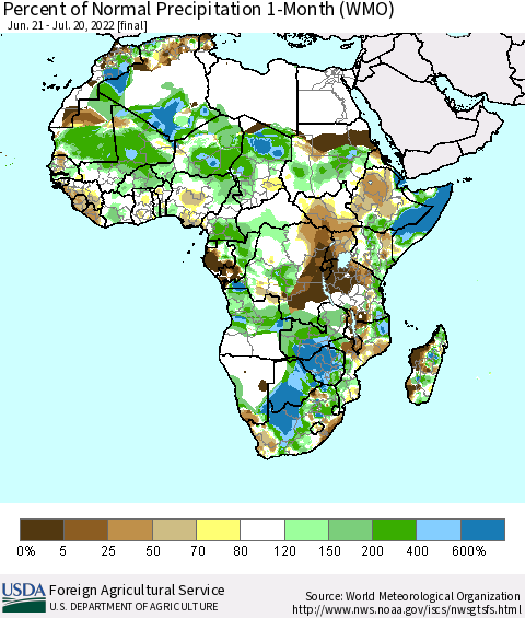 Africa Percent of Normal Precipitation 1-Month (WMO) Thematic Map For 6/21/2022 - 7/20/2022