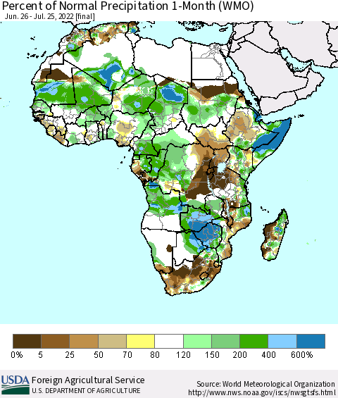 Africa Percent of Normal Precipitation 1-Month (WMO) Thematic Map For 6/26/2022 - 7/25/2022