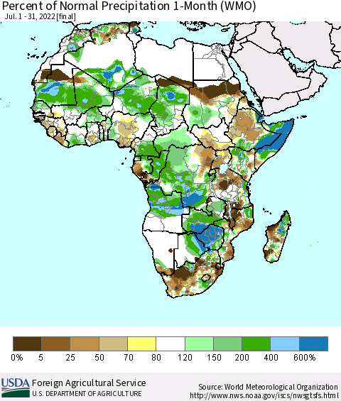 Africa Percent of Normal Precipitation 1-Month (WMO) Thematic Map For 7/1/2022 - 7/31/2022