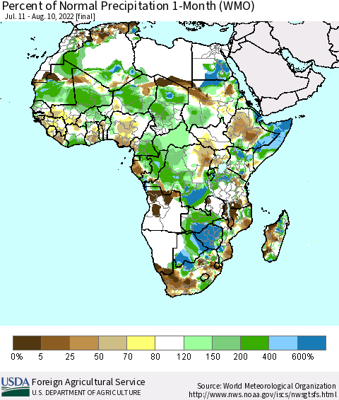 Africa Percent of Normal Precipitation 1-Month (WMO) Thematic Map For 7/11/2022 - 8/10/2022