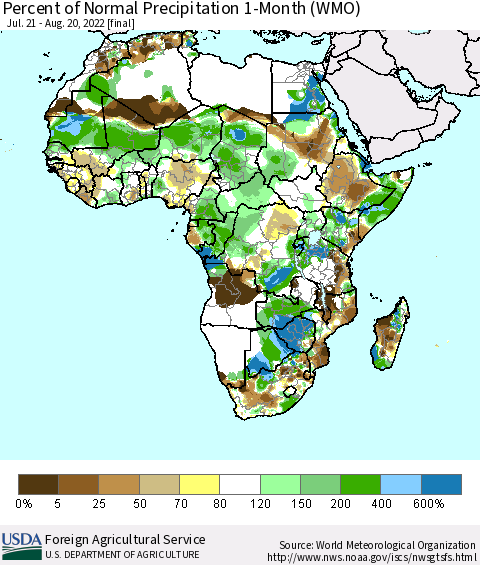 Africa Percent of Normal Precipitation 1-Month (WMO) Thematic Map For 7/21/2022 - 8/20/2022