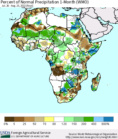 Africa Percent of Normal Precipitation 1-Month (WMO) Thematic Map For 7/26/2022 - 8/25/2022
