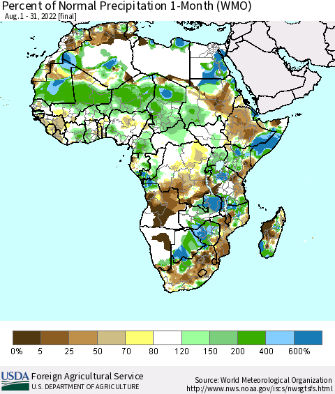 Africa Percent of Normal Precipitation 1-Month (WMO) Thematic Map For 8/1/2022 - 8/31/2022