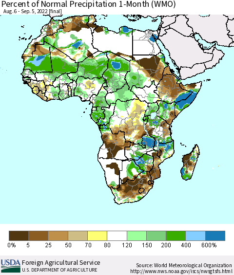 Africa Percent of Normal Precipitation 1-Month (WMO) Thematic Map For 8/6/2022 - 9/5/2022