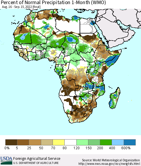Africa Percent of Normal Precipitation 1-Month (WMO) Thematic Map For 8/16/2022 - 9/15/2022