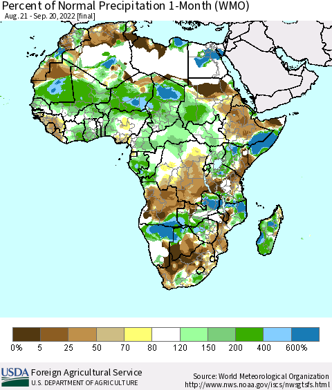 Africa Percent of Normal Precipitation 1-Month (WMO) Thematic Map For 8/21/2022 - 9/20/2022
