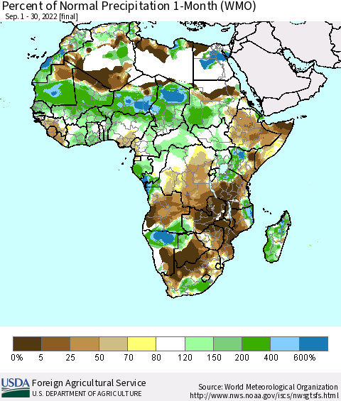 Africa Percent of Normal Precipitation 1-Month (WMO) Thematic Map For 9/1/2022 - 9/30/2022