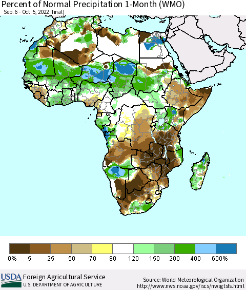 Africa Percent of Normal Precipitation 1-Month (WMO) Thematic Map For 9/6/2022 - 10/5/2022