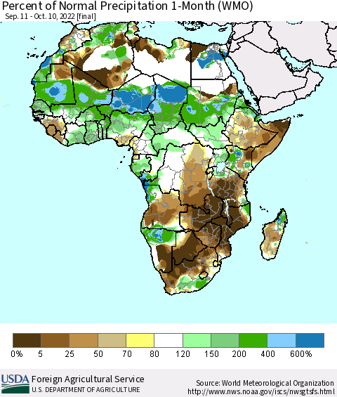 Africa Percent of Normal Precipitation 1-Month (WMO) Thematic Map For 9/11/2022 - 10/10/2022