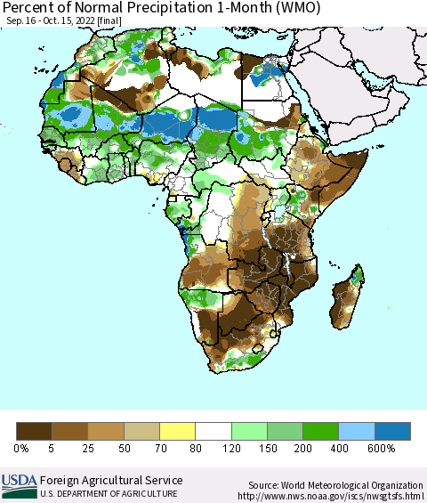Africa Percent of Normal Precipitation 1-Month (WMO) Thematic Map For 9/16/2022 - 10/15/2022