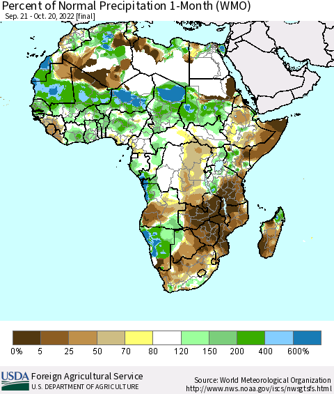 Africa Percent of Normal Precipitation 1-Month (WMO) Thematic Map For 9/21/2022 - 10/20/2022