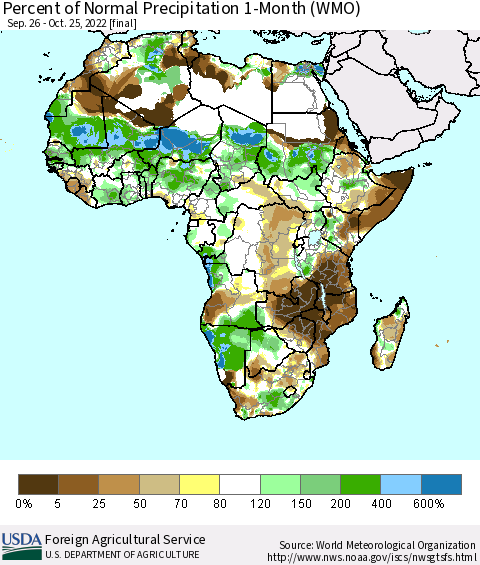 Africa Percent of Normal Precipitation 1-Month (WMO) Thematic Map For 9/26/2022 - 10/25/2022