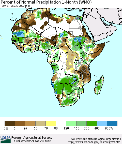 Africa Percent of Normal Precipitation 1-Month (WMO) Thematic Map For 10/6/2022 - 11/5/2022