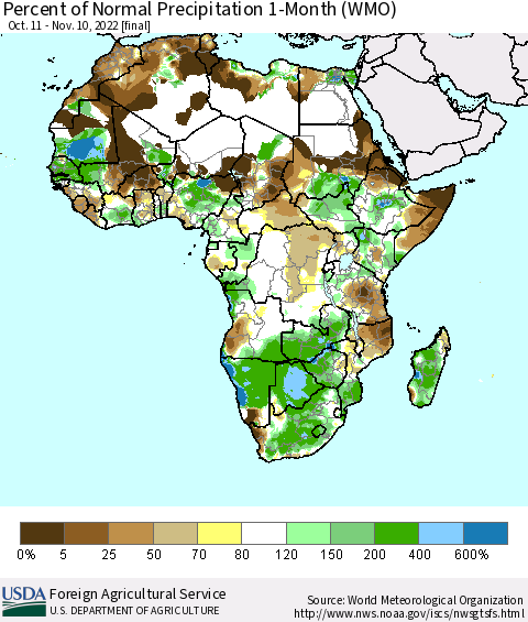 Africa Percent of Normal Precipitation 1-Month (WMO) Thematic Map For 10/11/2022 - 11/10/2022