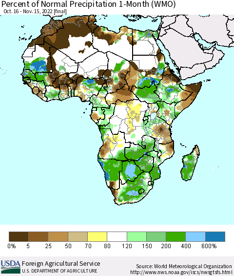 Africa Percent of Normal Precipitation 1-Month (WMO) Thematic Map For 10/16/2022 - 11/15/2022