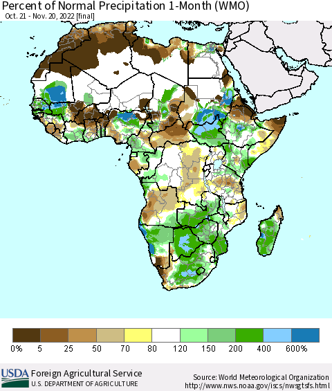 Africa Percent of Normal Precipitation 1-Month (WMO) Thematic Map For 10/21/2022 - 11/20/2022
