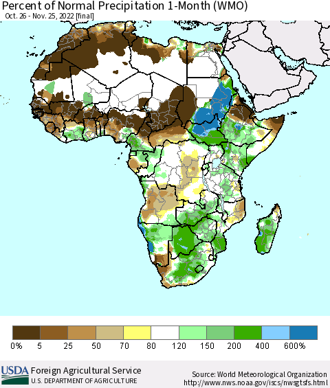 Africa Percent of Normal Precipitation 1-Month (WMO) Thematic Map For 10/26/2022 - 11/25/2022