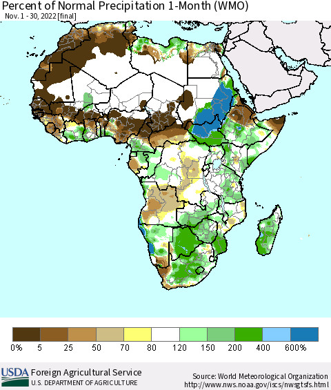 Africa Percent of Normal Precipitation 1-Month (WMO) Thematic Map For 11/1/2022 - 11/30/2022