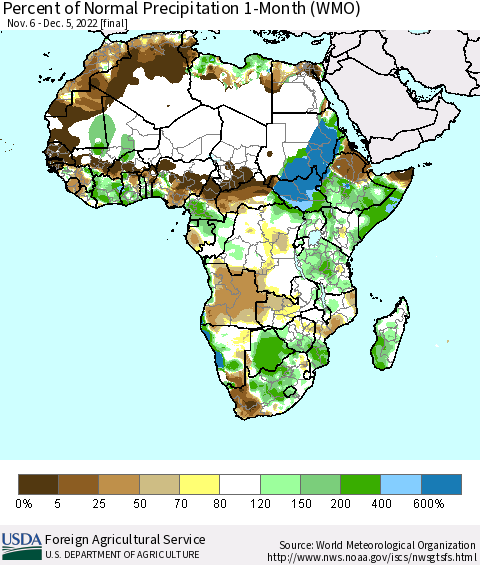 Africa Percent of Normal Precipitation 1-Month (WMO) Thematic Map For 11/6/2022 - 12/5/2022