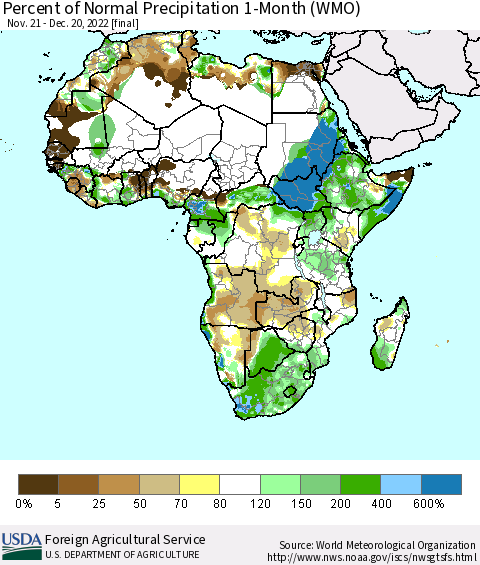 Africa Percent of Normal Precipitation 1-Month (WMO) Thematic Map For 11/21/2022 - 12/20/2022