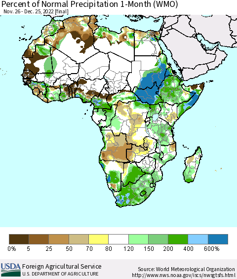 Africa Percent of Normal Precipitation 1-Month (WMO) Thematic Map For 11/26/2022 - 12/25/2022